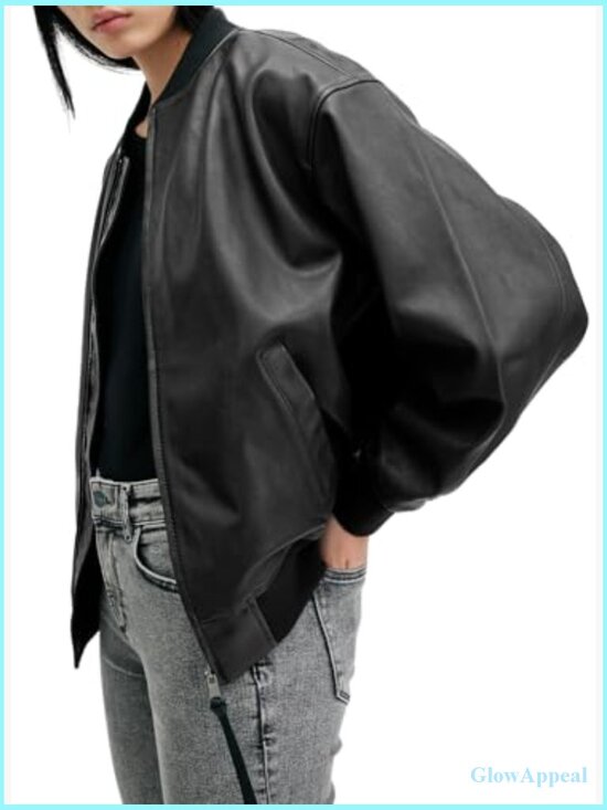 Oversized Leather Bomber Jacket with Metal Hardware, Longer Length - Picture 4 of 5
